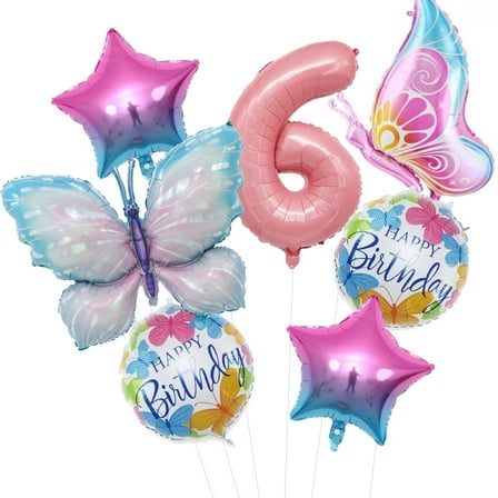 BCD-PRO Party Balloons Decoration Set 6th Birthday Girl Butterfly Pink Foil 7 Piece