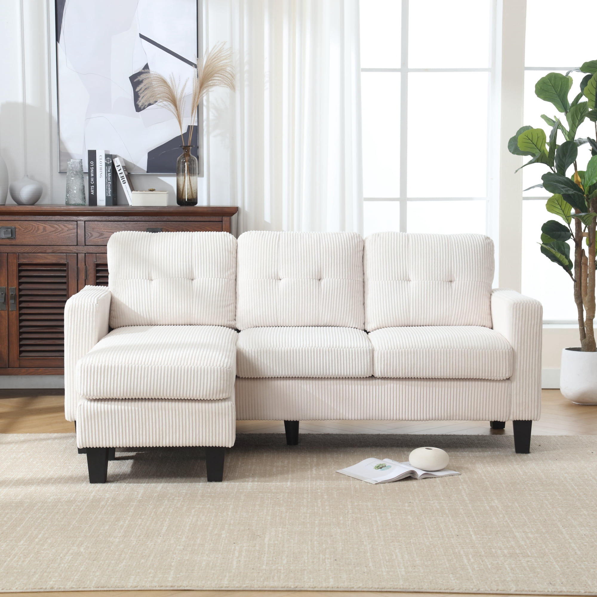 Convertible Sectional Sofa with Movable Ottoman,L Shaped Couch Sofa with Reversible Chaise,Modern Velvet 3 Seater Sofa Sectional Couch for Living Room,Beige