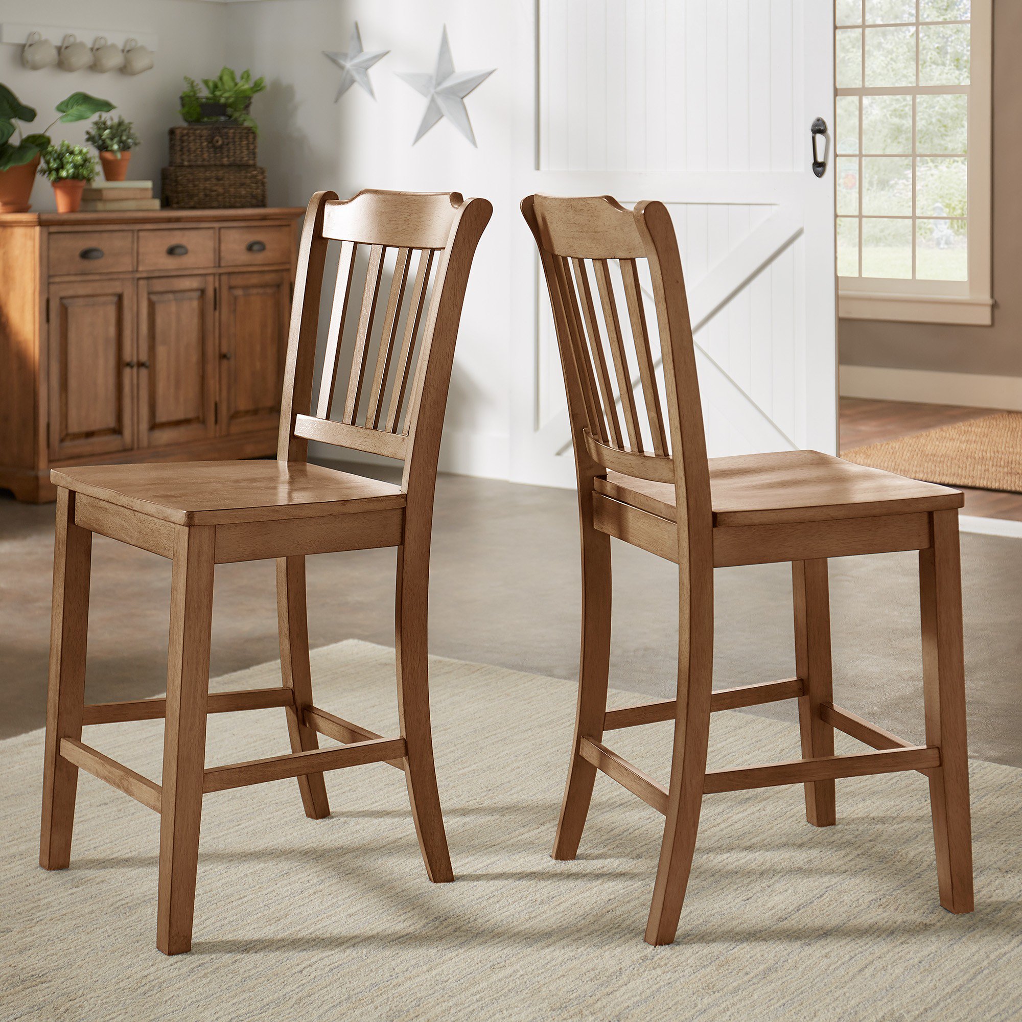 iNSPIRE Q Farmhouse Transitional Counter Height Bar Stools, Oak (Set of 2)