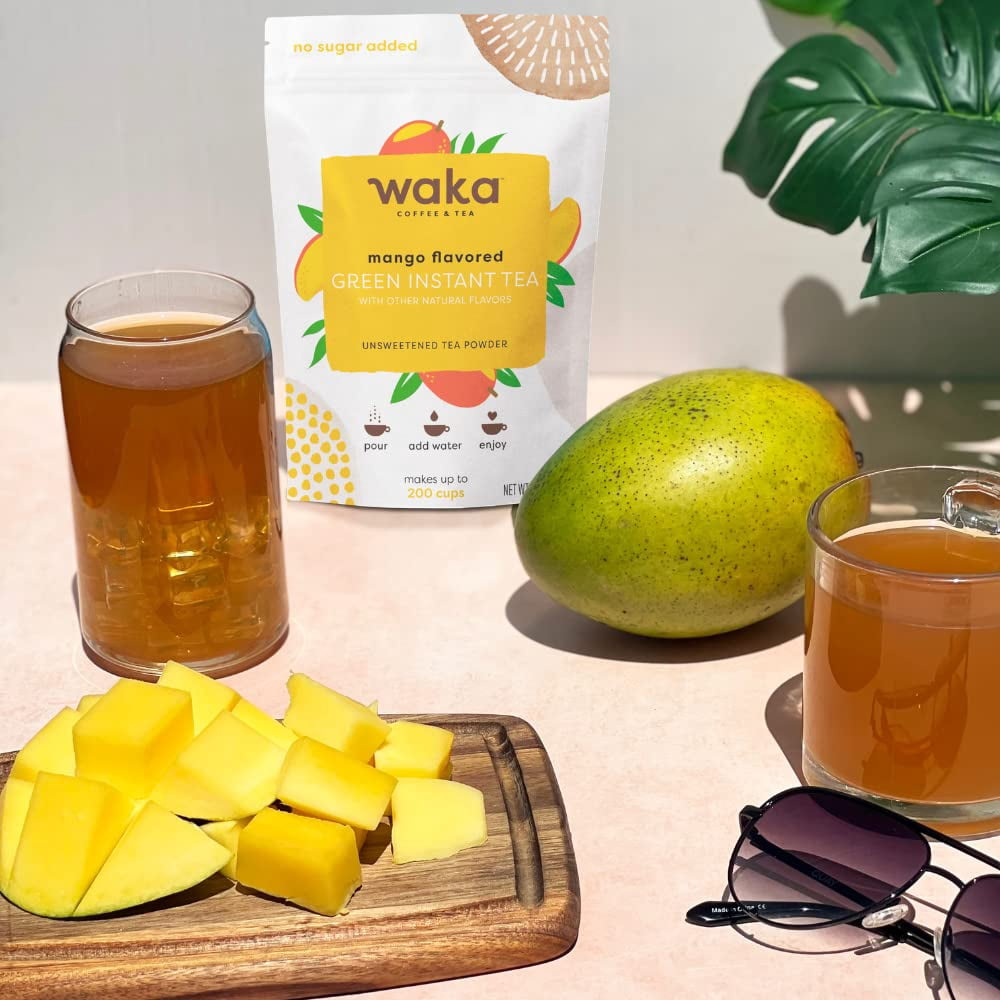 Waka Instant Tea Mix, 2 Bag Bundle - 100% Tea Leaves, No Additives, Unsweetened Tea Powders - Mango Flavored & Pomegranate Flavored Green (4.5oz Each)