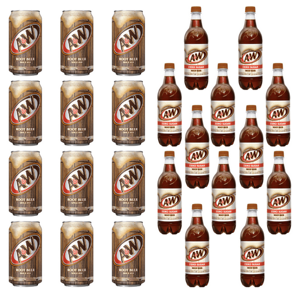 A&W Root Beer & A&W Zero Sugar Root Beer, 16.9 fl oz Bottles, 24 Pack (12 Regular 12 Zero Sugar)