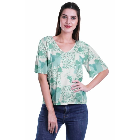 Moomaya Womens Printed Rayon V-Neck Top Short Sleeve Summer Clothing Boho Blouse