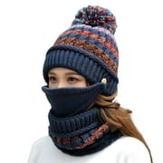 CNMF 3 in 1 Winter Knitted Beanie Hat Face Cover Scarf Set Warm Fleece Lining Cap with Pompom for Women Girls