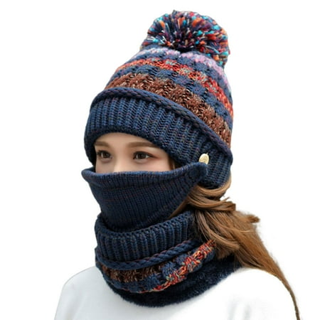 CNMF 3 in 1 Winter Knitted Beanie Hat Face Cover Scarf Set Warm Fleece Lining Cap with Pompom for Women Girls