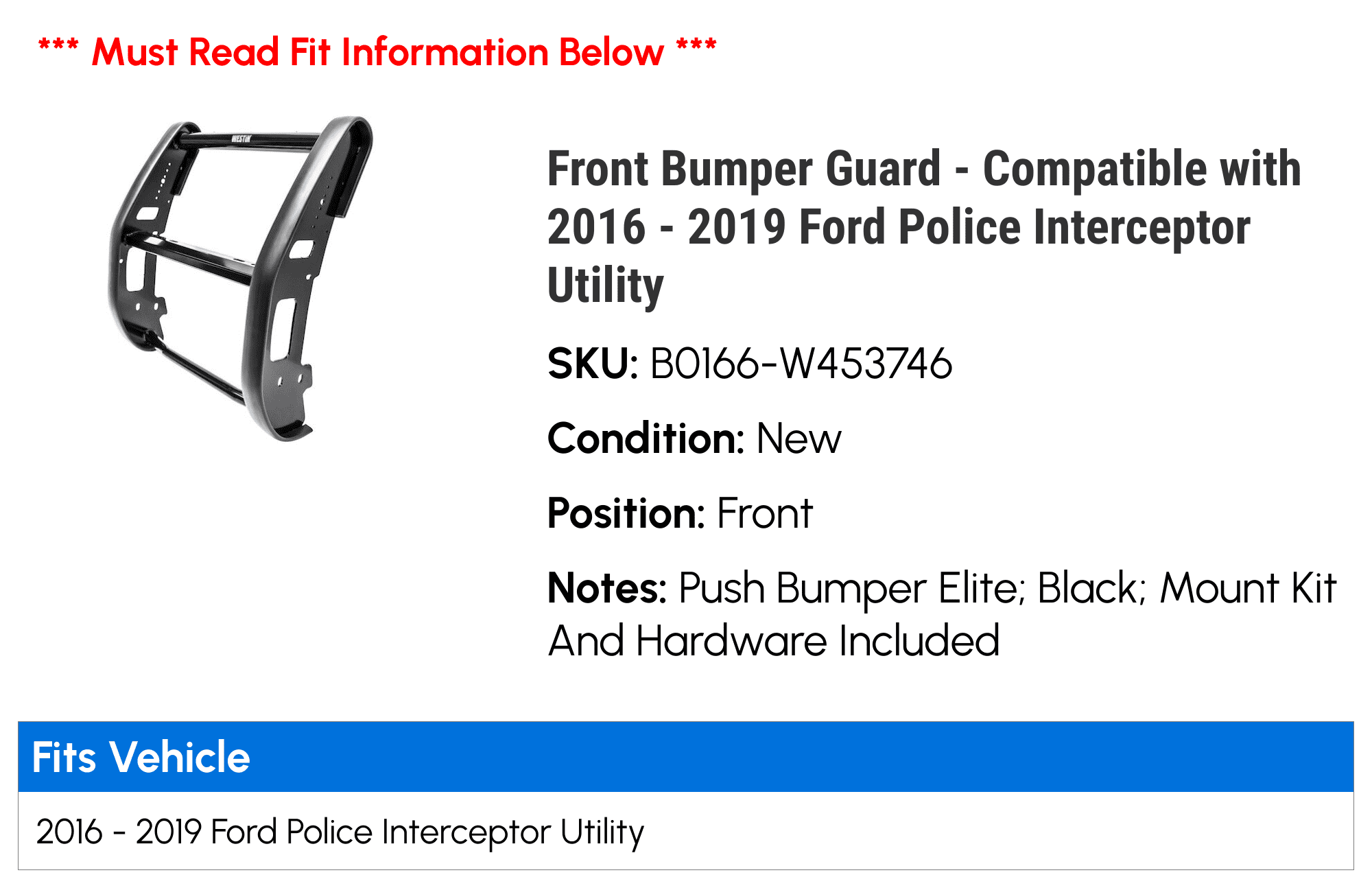 Front Bumper Guard - Compatible with 2016 - 2019 Ford Police Interceptor Utility 2017 2018