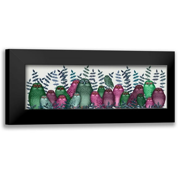 Fab Funky 14x7 Black Modern Framed Museum Art Print Titled - Electric Owls, Pink and Green