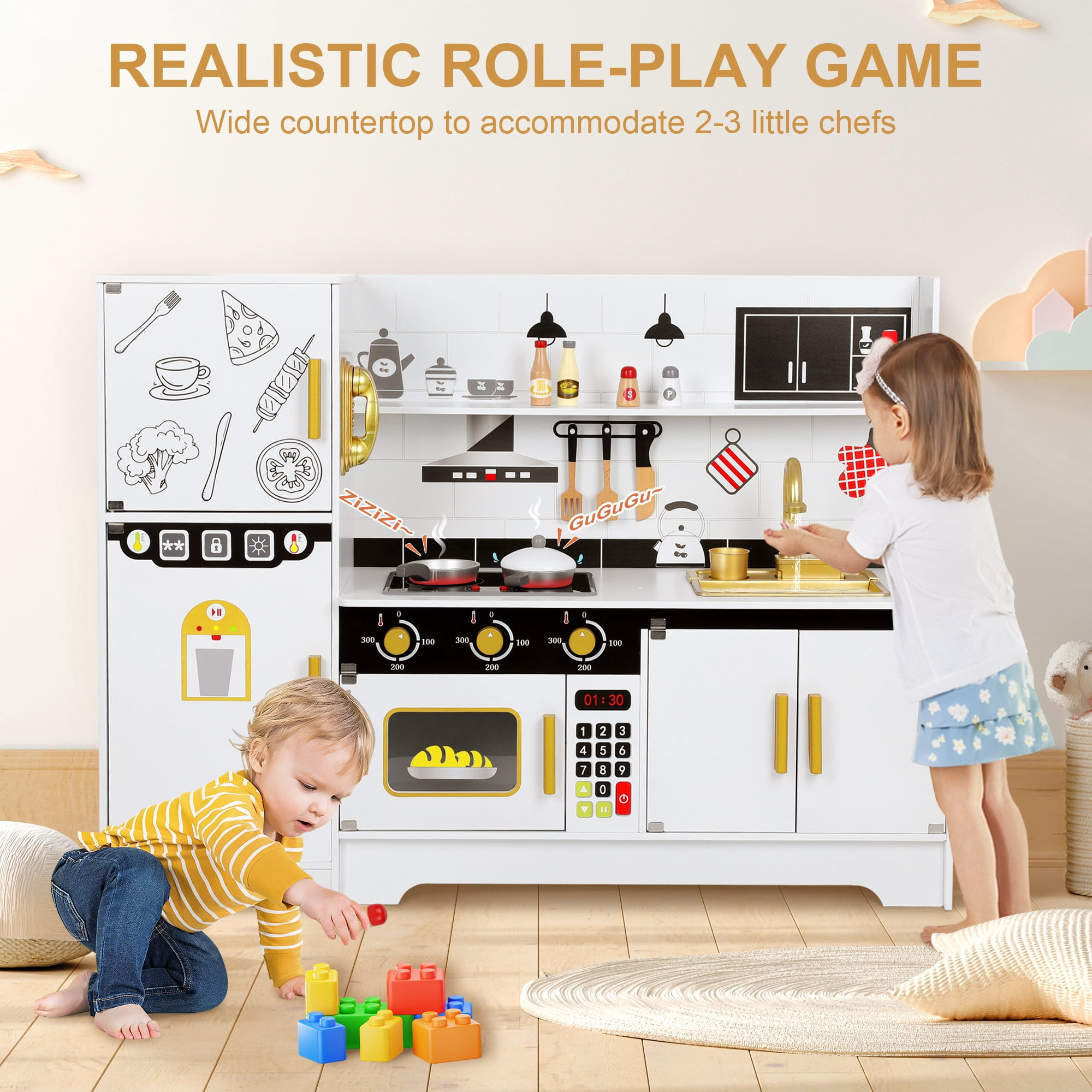 Wisairt Pretend Play Kitchen Set, 43.7" Extra Long Wooden Play Kitchen for Kids w/ Chef's Costume, Telephone, Stove, Sink, Oven, Realistic Lights Sounds - White & Gold