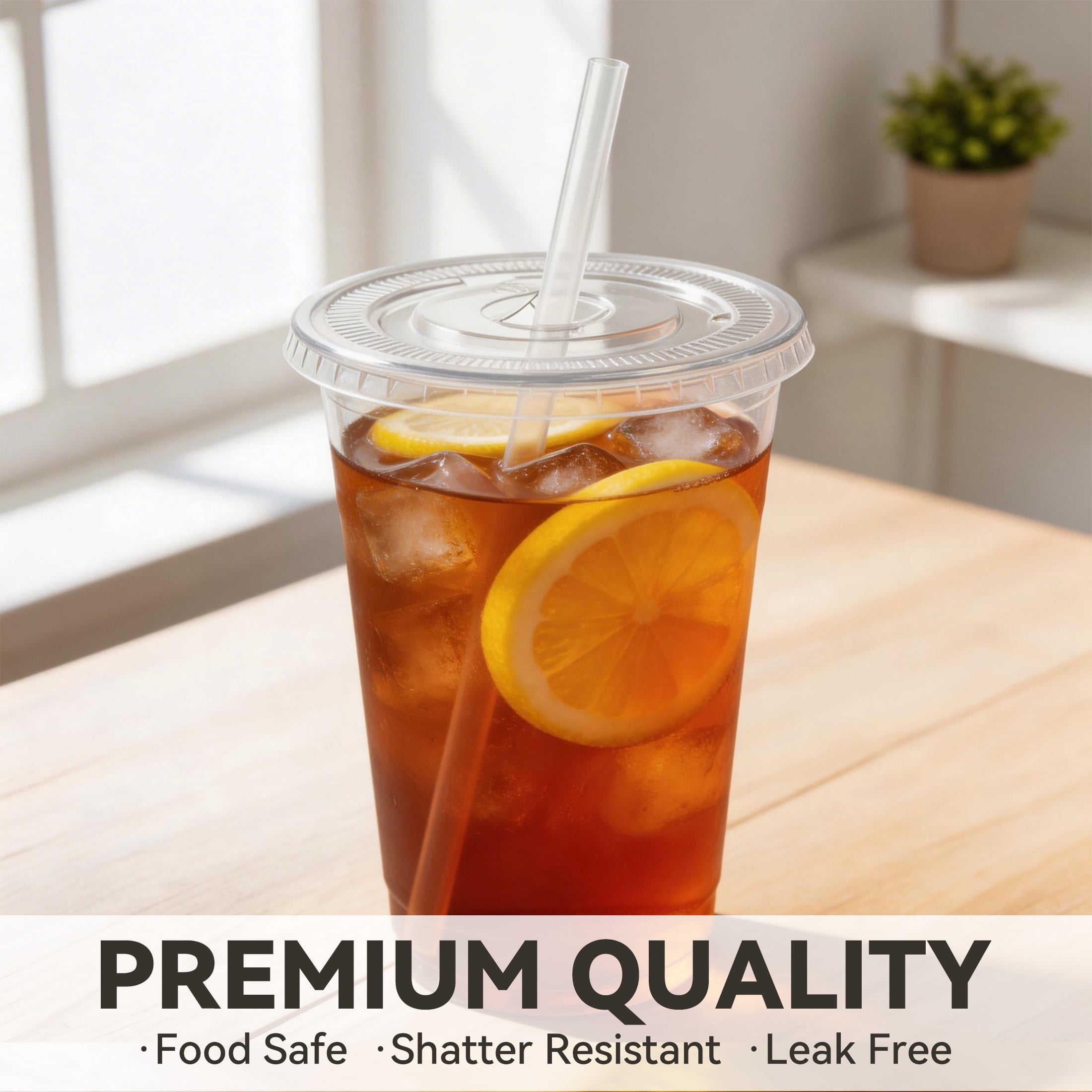 Family Essentials 100 Pack 20 Fl oz Clear Plastic Cups with Lids and Straws, Disposable To-Go Cups for Iced Coffee, Smoothies & Cold Drinks
