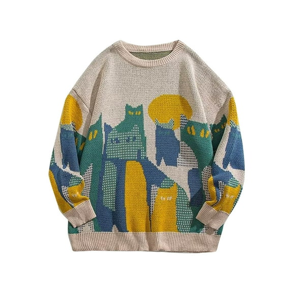 TFEOQRY Men's Crewneck Graphic Sweater Vintage Color Block Knitted Casual Pullover Fall Winter Warm Tops Beige