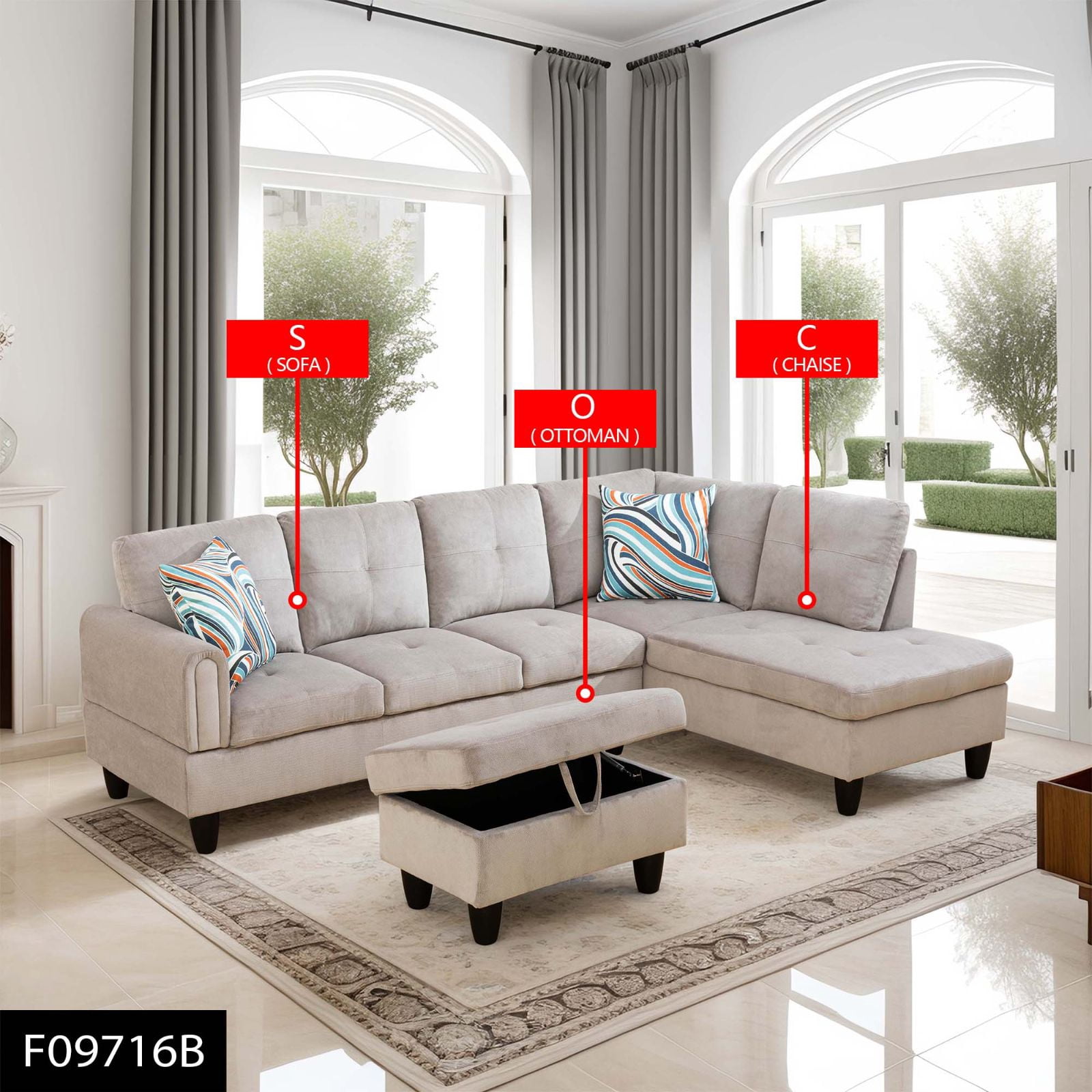 3-Piece Living Room Sofa Set with Chaise and Storage Ottoman, 6 Seater L Shaped Couch Sectional Couches Modular Convertible Sofa, Grey White