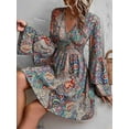 thumbnail image 4 of Women Print Wrap Boho V Neck Short Flared Sleeve Elastic Waist Drawstring Flowy Mini Dress Color Pattern L, 4 of 7
