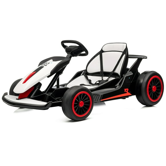 Go Kart eléctrico infantil 24V con 2 motores de 200W, batería 7Ah, hasta 8MPH, asiento ajustable, luces LED, música, arranque suave, cinturón de seguridad, pedal eléctrico