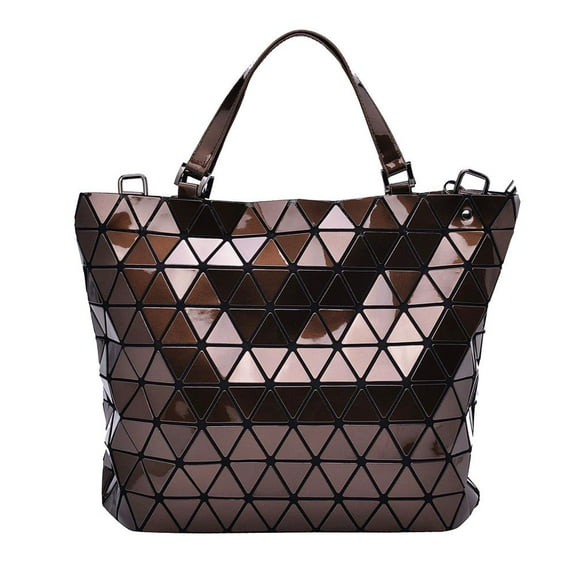 Brown Diamond Lattice Handbag for Women - Gloss Convertible Shoulder Tote Bag with Adjustable Handles