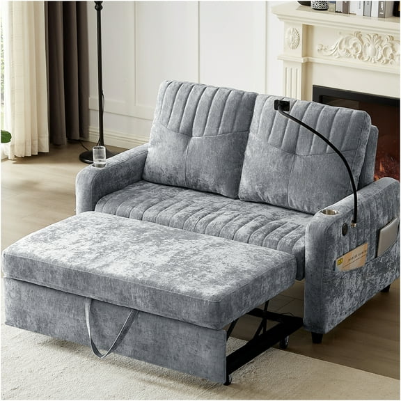 JERFIT Modern Convertible Loveseat Sofa Bed with USB Charging, Cup Holders, Adjustable Backrest for Living Room, Apartment, Dorm, Grey Chenille Fabric