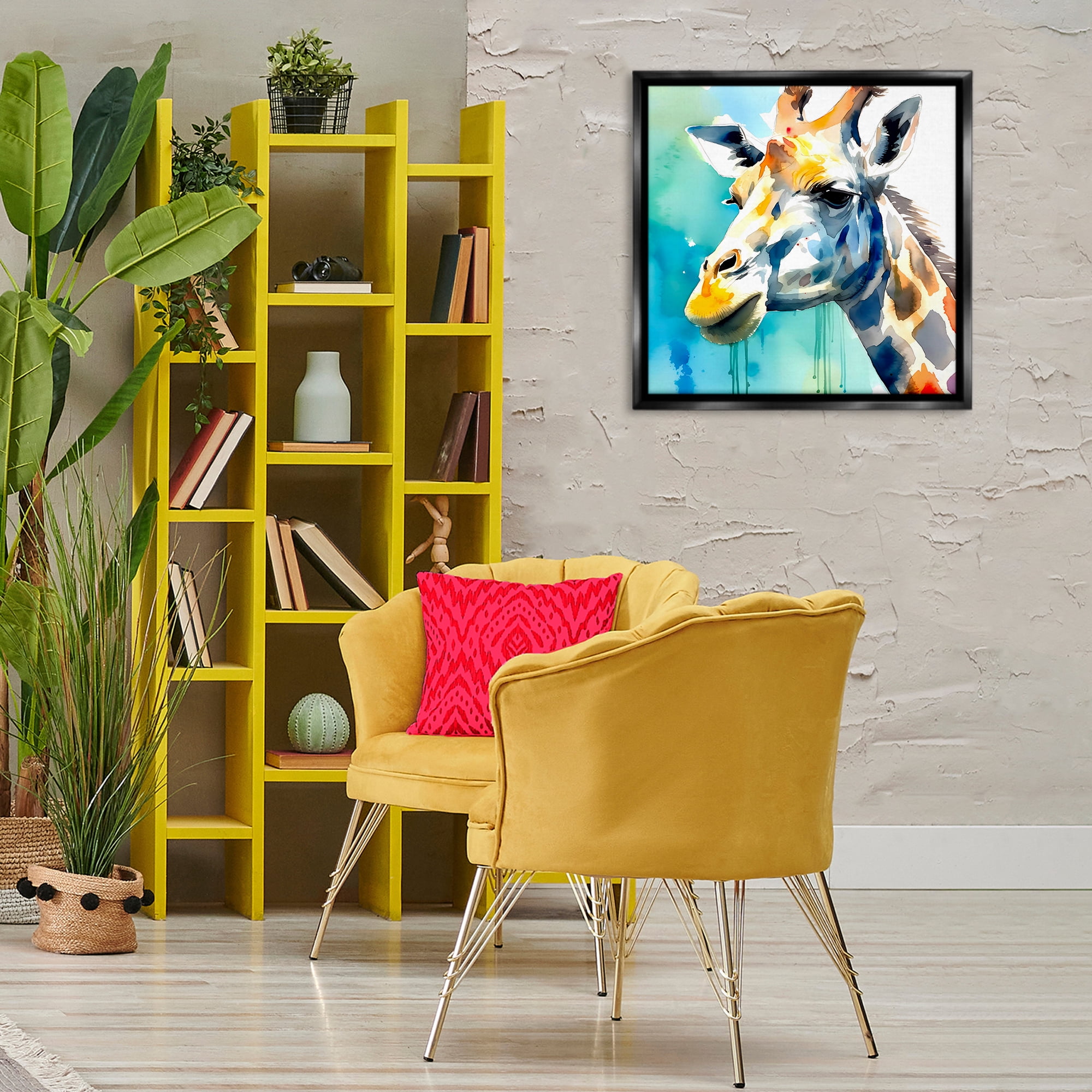 Stupell Industries Giraffe with Blue Splash Animals & Insects Painting Black Floater Framed Canvas Art Print Wall Art, 25 x 25