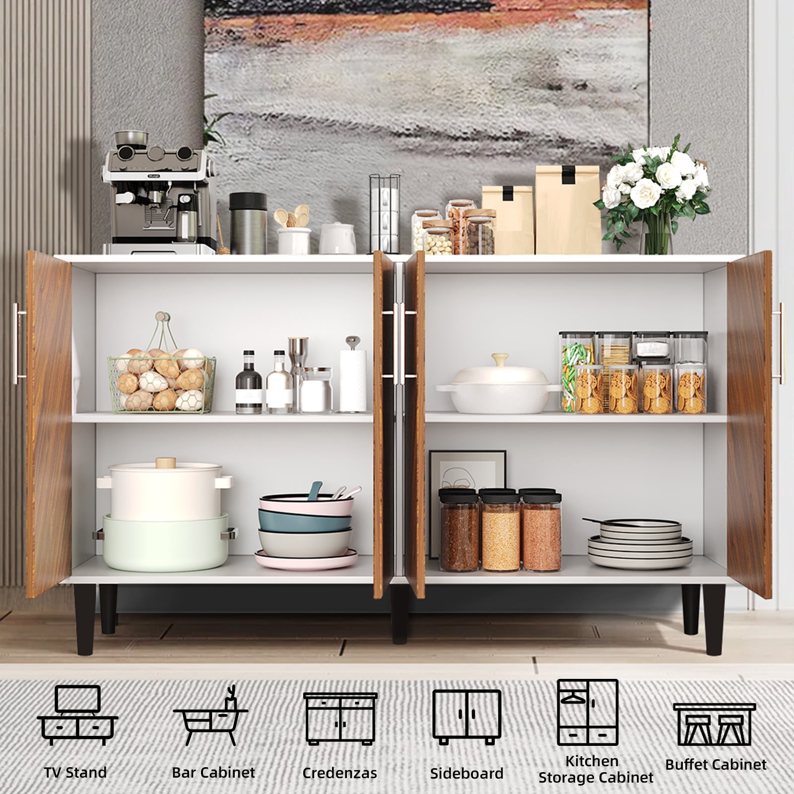 4 EVER WINNER 58" Buffet Cabinet with Storage, Vintage Sideboard with Adjustable Shelves & Metal Handle, Mid Century Modern Coffee Bar for Kitchen, Dining Room, White