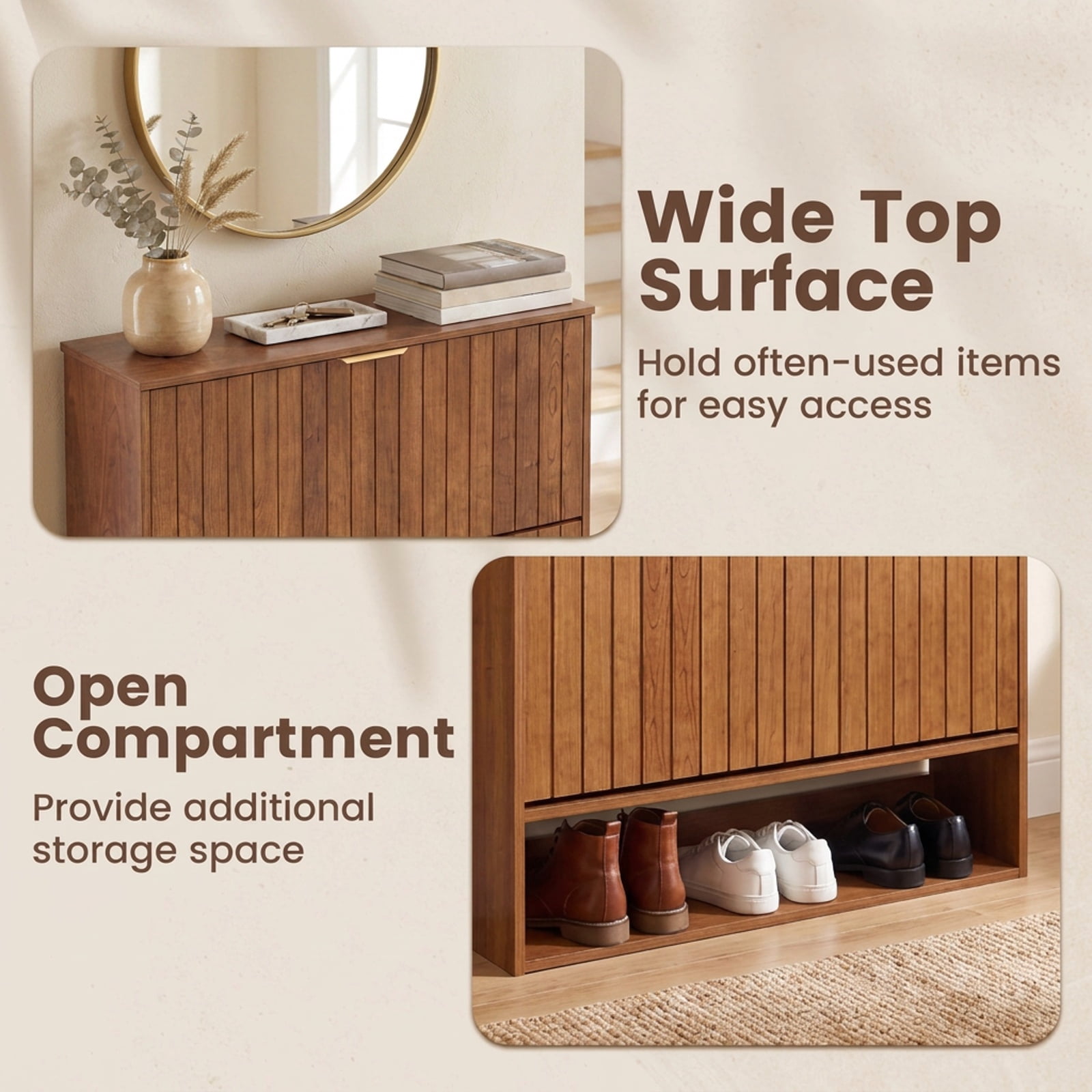 Furnibear Fluted Hidden Shoe Cabinet with 2 Flip Drawers and Open Storage for Narrow Entryway Hallway and Foyer Spaces, Walnut