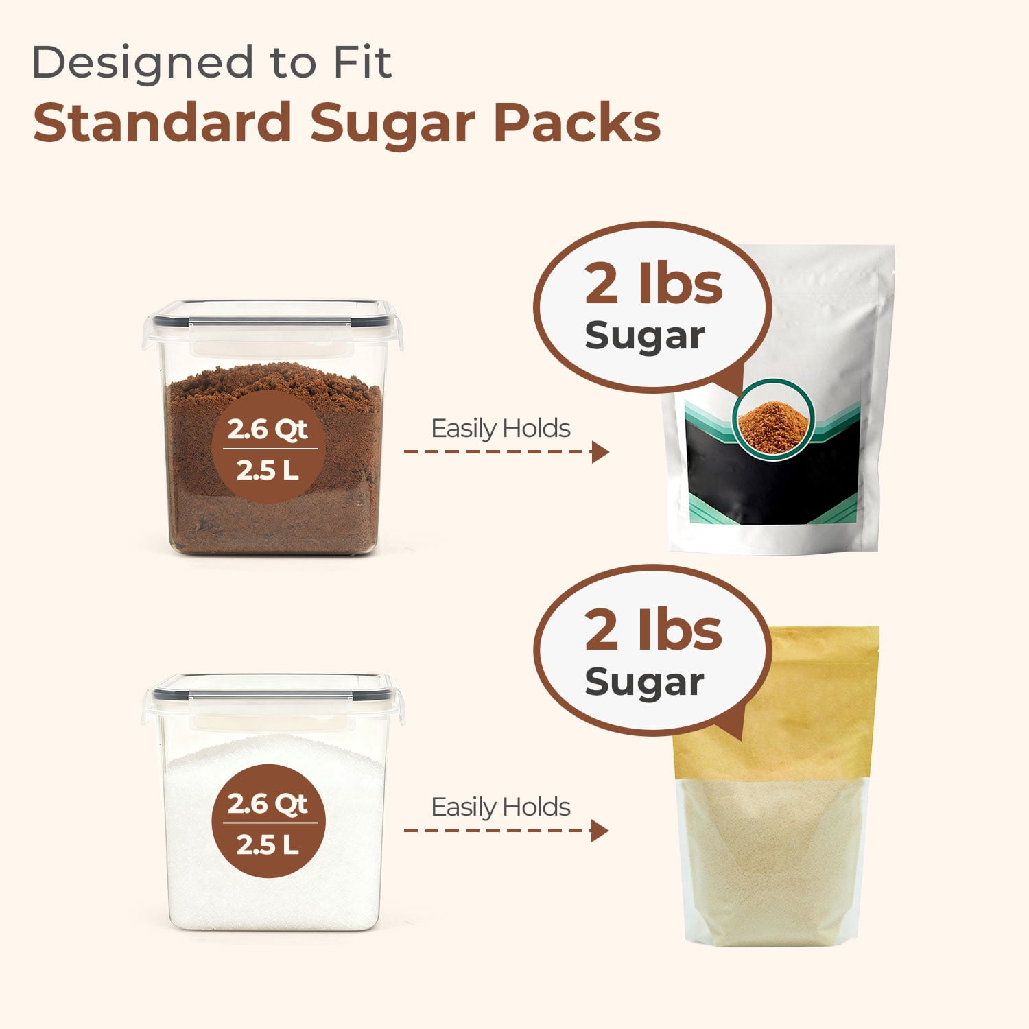 ComSaf Brown Sugar Container Set of 2 (2.5L/2.6Qt), Airtight Food Storage Containers with Lids and Terra Cotta Brown Sugar Saver, Plastic Canisters Sets for Kitchen, Pantry Organizer for Flour, Bakin