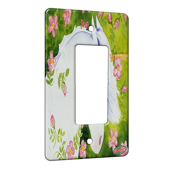 KuzmarK™ 1 Gang Rocker Wall Plate - Blue Eyed Unicorn with Pink Roses Art by Denise Every
