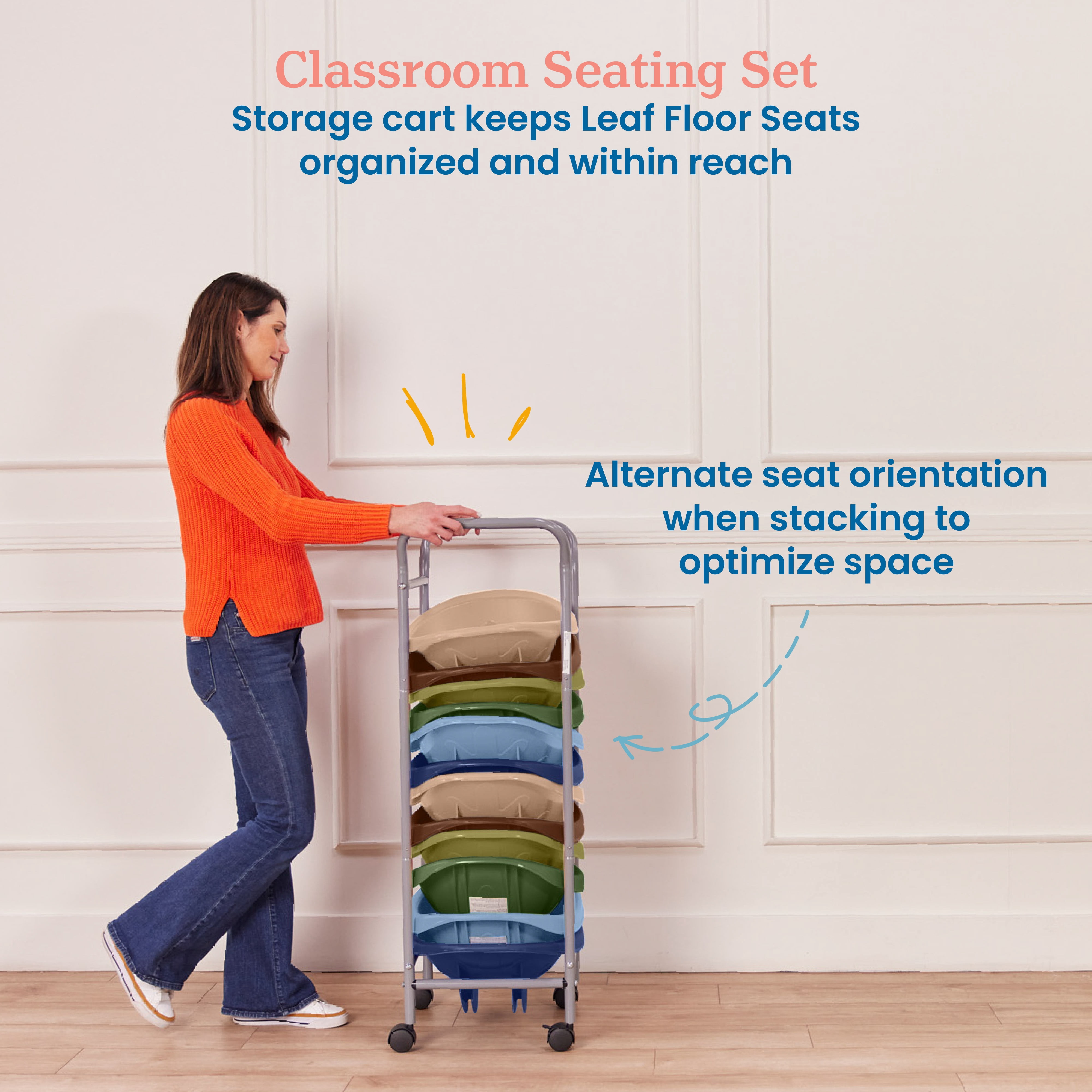 ECR4Kids Leaf Floor Seats with Mobile Leaf Seat Cart, Flexible Seating, Earthtone, 12-Piece