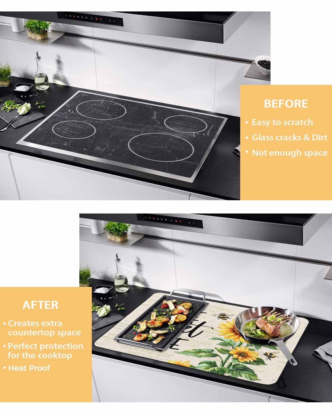 nqOlkjepod Large Induction Cooktop Protector Mat 24"x21", Yellow Sunflower Stove Top Covers for Electric Stove, Bee Floral Farmhouse Country Retro Stove Burner Cover Mats, Glass Top Stove Cover