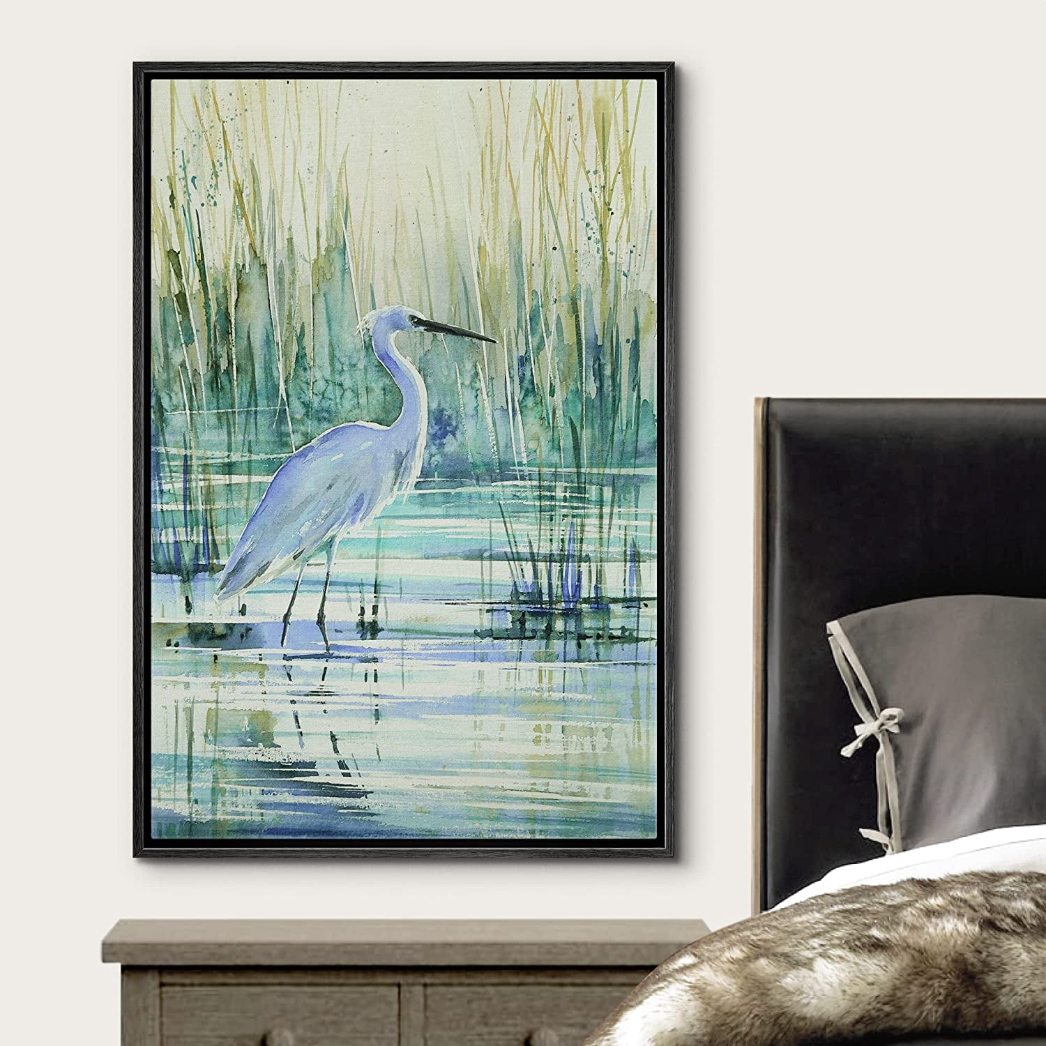 wall26 Framed Canvas Print Wall Art Watercolor Pastel Swamp Crane Bird Nature Wilderness Illustrations Modern Art Decorative Rustic Relax/Calm for Living Room, Bedroom, Office - 24"x36" Bla
