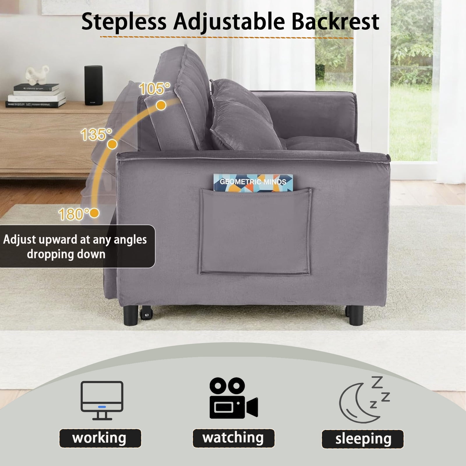 EPOWP 3 in 1 Folding Convertible Sofa Bed,55'' Pull Out Couch Bed with Side Pocket,Velvet Fabric Loveseat Sleeper Sofa with Adjustable Backrest,Easy Assembly,Perfect for Living Room,Grey