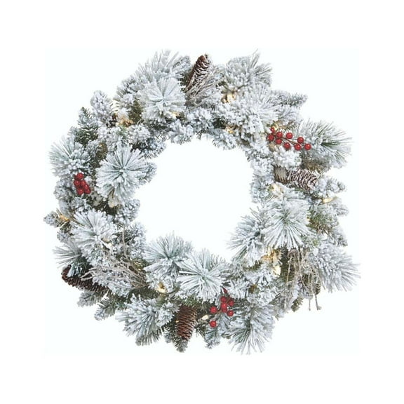 NOMA 24" Pre-Lit Flocked Berry Christmas Wreath with 35 Warm White Lights