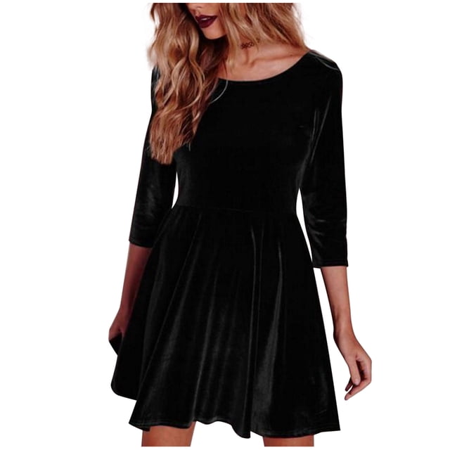 cfhntfmh Robes d'Automne pour Femmes Velours Confortable Col Rond T-Shirts Amples Robe Décontractée Manches 3/4 Robe Mini Unie