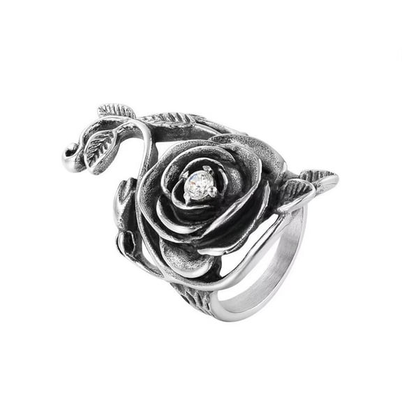 HIJONES Women's Stainless Steel Vintage Rose Flower Ring Dainty Embossed Finger Rings Silver Size 8