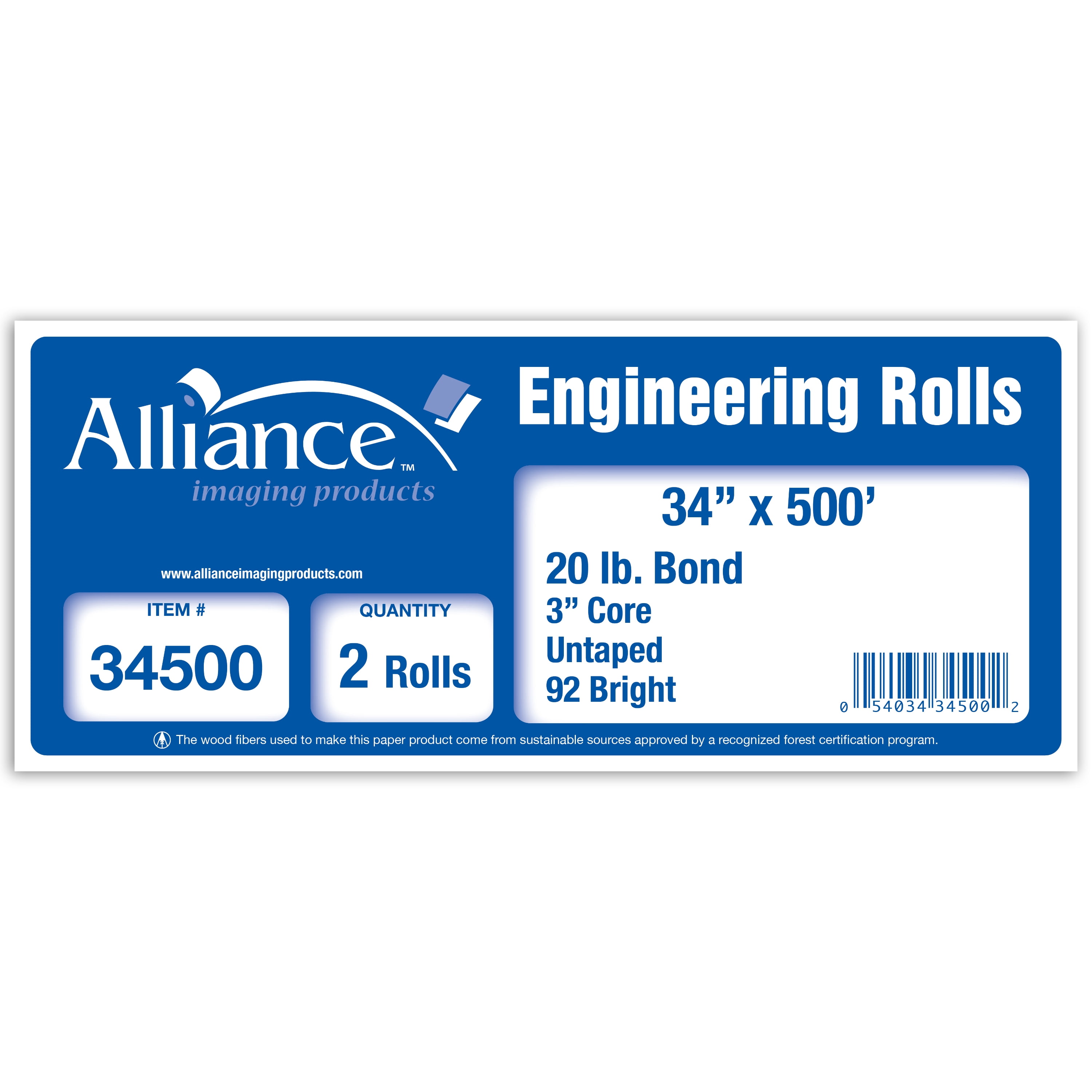 Alliance Wide Format Paper 34" x 500' Bond Engineering 20lb | 92 Bright | 2 Rolls | 3" Core