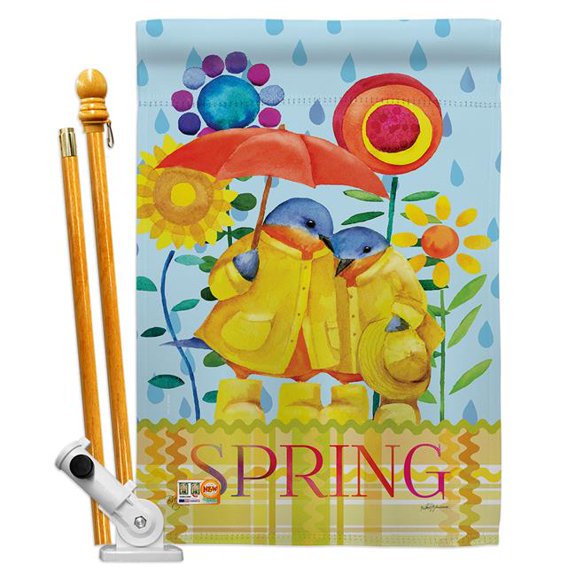 Breeze Decor BD-BI-HS-105059-IP-BO-D-US18-BT 28 x 40 in. Rainy Day Bluebirds Garden Friends Birds Impressions Decorative Vertical Double Sided House Flag Set & Pole Bracket Hardware