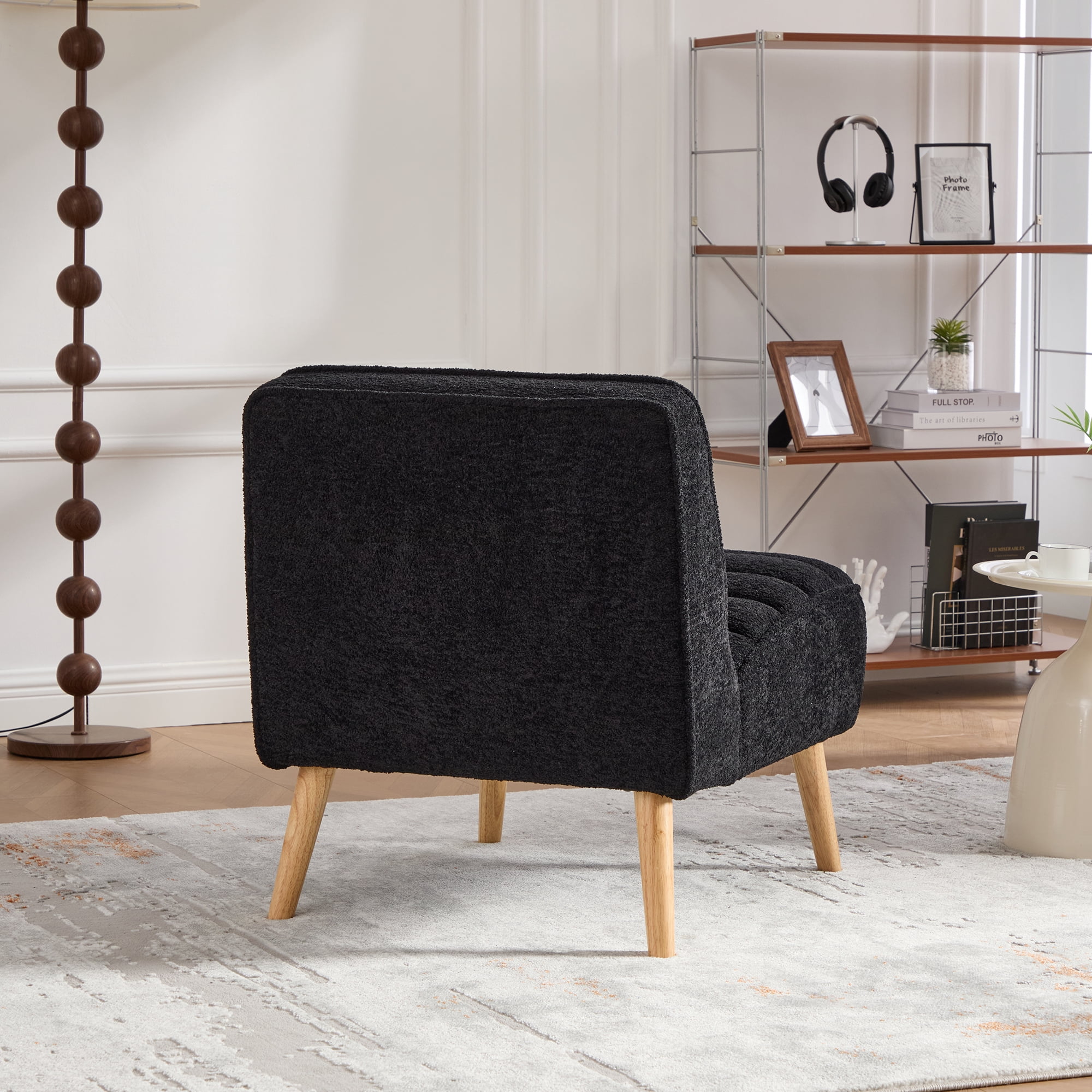 Armless Accent Chair, Upholstered Chair, Chenille Accent Chair with Rubber Wood Legs, Black for Living Room, Bedroom, Office