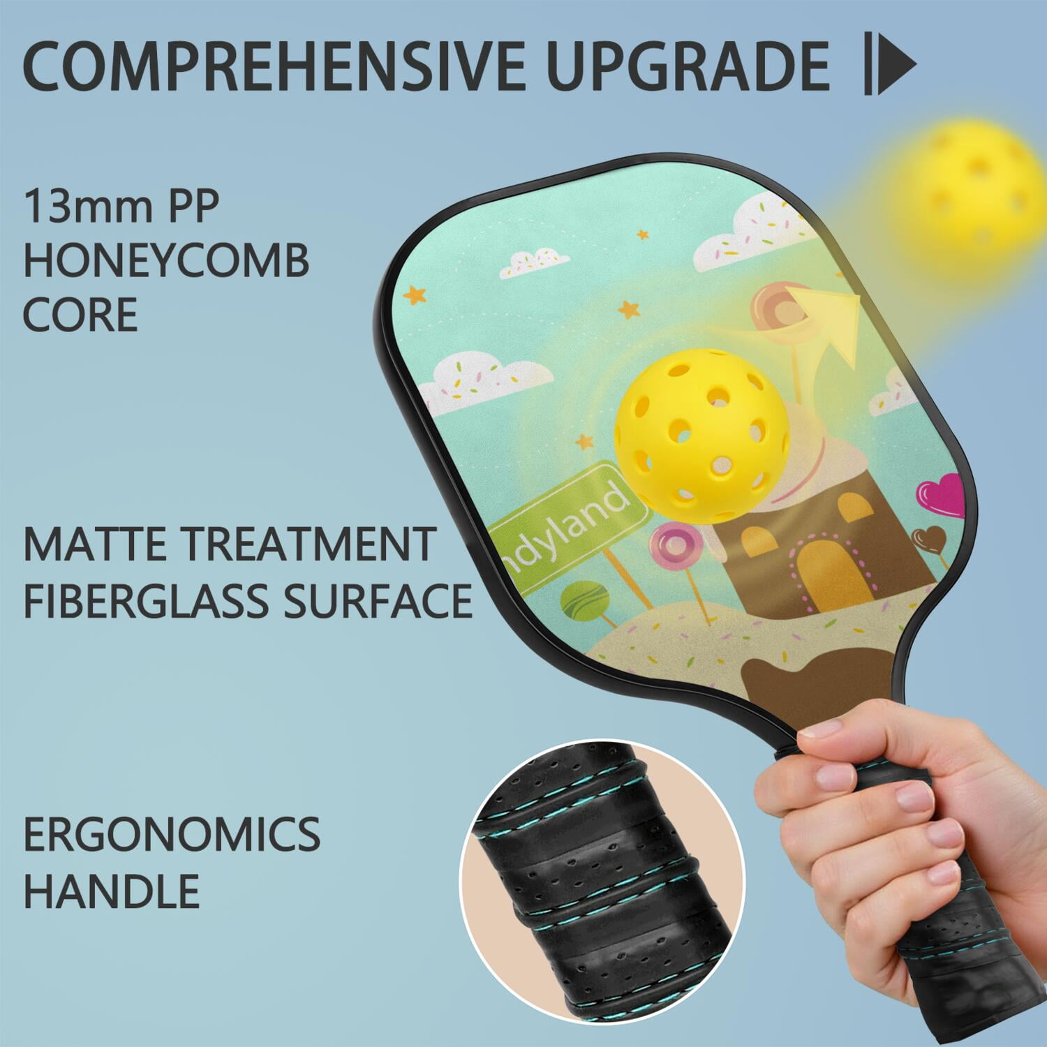 Pickleball Paddles Set Of 1, Fiberglass Surface, Sweet Candy Print, 1 Paddle, 2 Balls & Bag