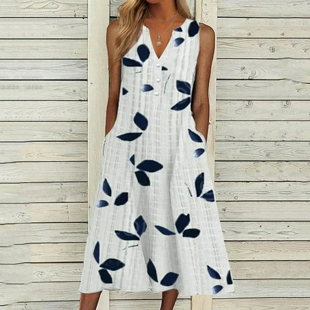 WILLBEST Vestidos de Verano para Mujer, Vestido Largo Informal con Estampado de Hojas, Botones, Cuello En V, sin Mangas y Bolsillos para Mujer, Vestido de Fiesta Chica