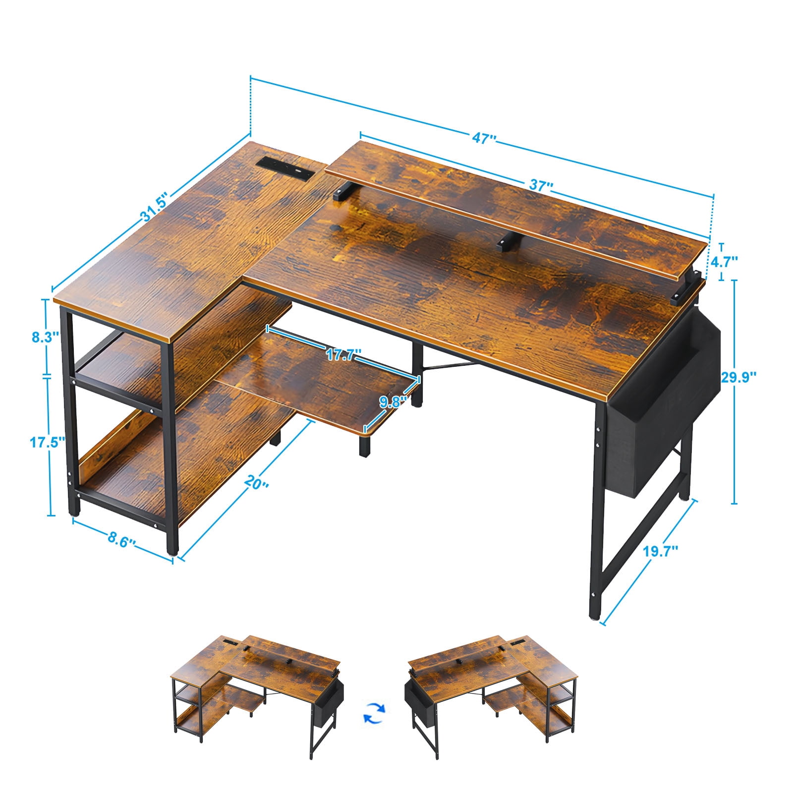 47" Gaming Desk with Power Outlets, Reversible L Shaped Computer Desk with Monitor Stand & Storage Shelves, Corner Home Office Desk with Side Bag for Home Office, Bedroom, Small Space