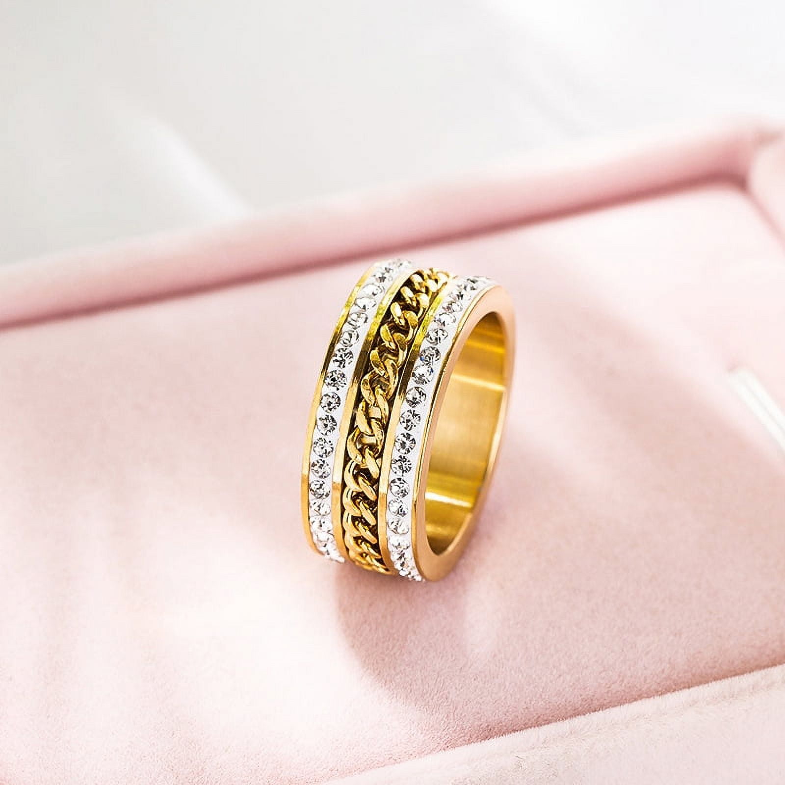 Anxiety Fidget Spinner Rings for Men Women 14K Yellow Gold Iced Out Spinning Rotate Chain Ring Punk Anti Stress Jewelry