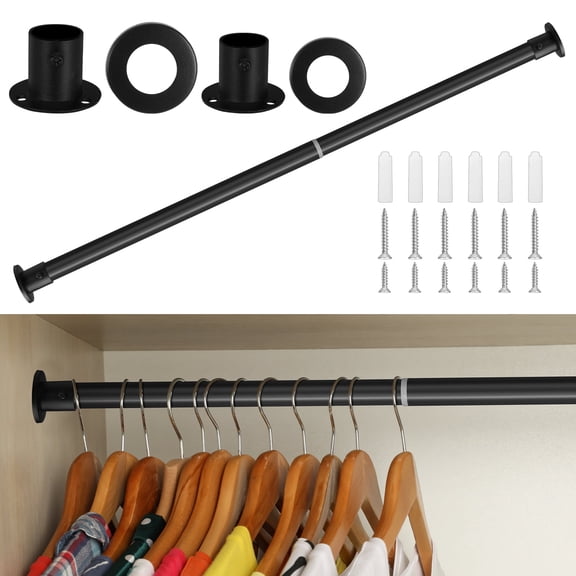 Topekada Heavy Duty Closet Rod for Hanging Clothes, Adjustable 18.5 to 31.5 inches Closet Hanging Rod, Matte Black Clothing Rod for Wardrobes, Shoe Cabinets