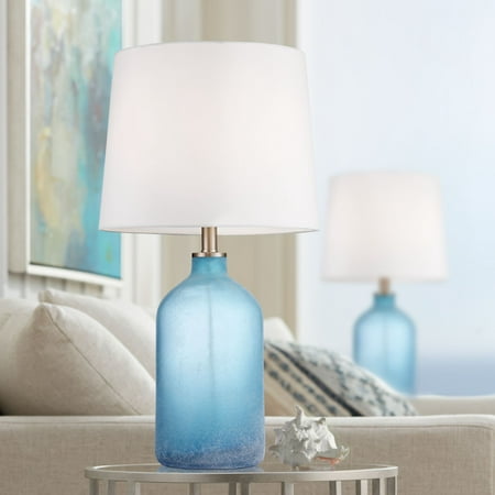 360 Lighting Coastal Table Lamps Set of 2 Frosted Sea Blue Glass White Drum Shade for Living Room Family Bedroom