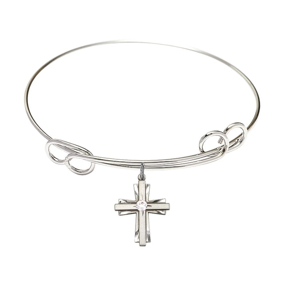 7 1/2 inch Round Double Loop Bangle Bracelet w/ Cross medal charm w/ April Crystal Swarovski Crystal