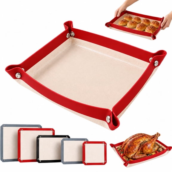 2-in-1 Silicone Baking Mat with Snap Silicone Baking Mat, Extra Thick Oven Liners Reusable Heat Resistant Fiber Cooking Sheet,Corners Snap Into Leak Proof Roasting Tray,Nonstick Transformable Snap‑up