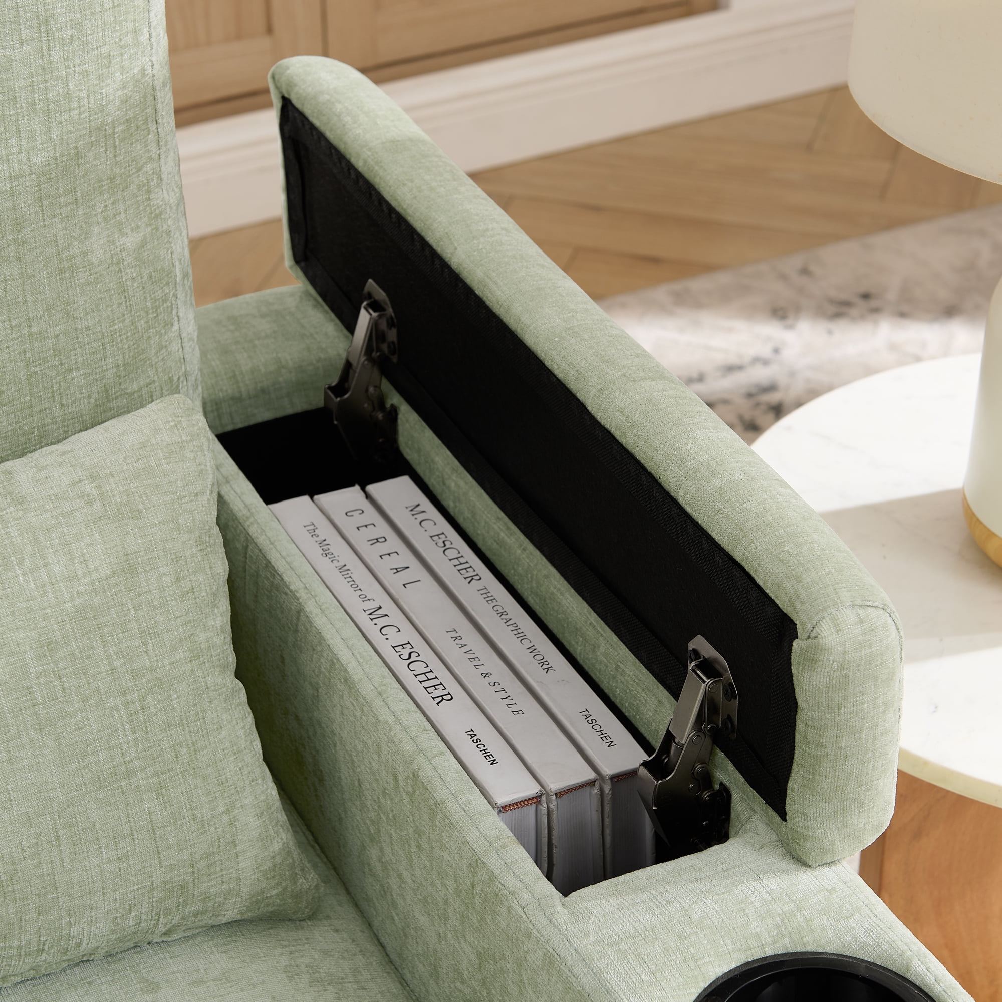 Recliner Chair with Adjustable Backrest, Cup Holders, USB Charging Port, Phone Stand, Arm Storage and Storage Ottoman