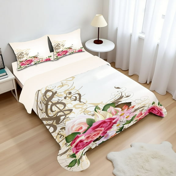 Ambesonne Floral Fitted & Top Sheet Set with Shams, Flowers and Music Notes, Eggshell Multicolor