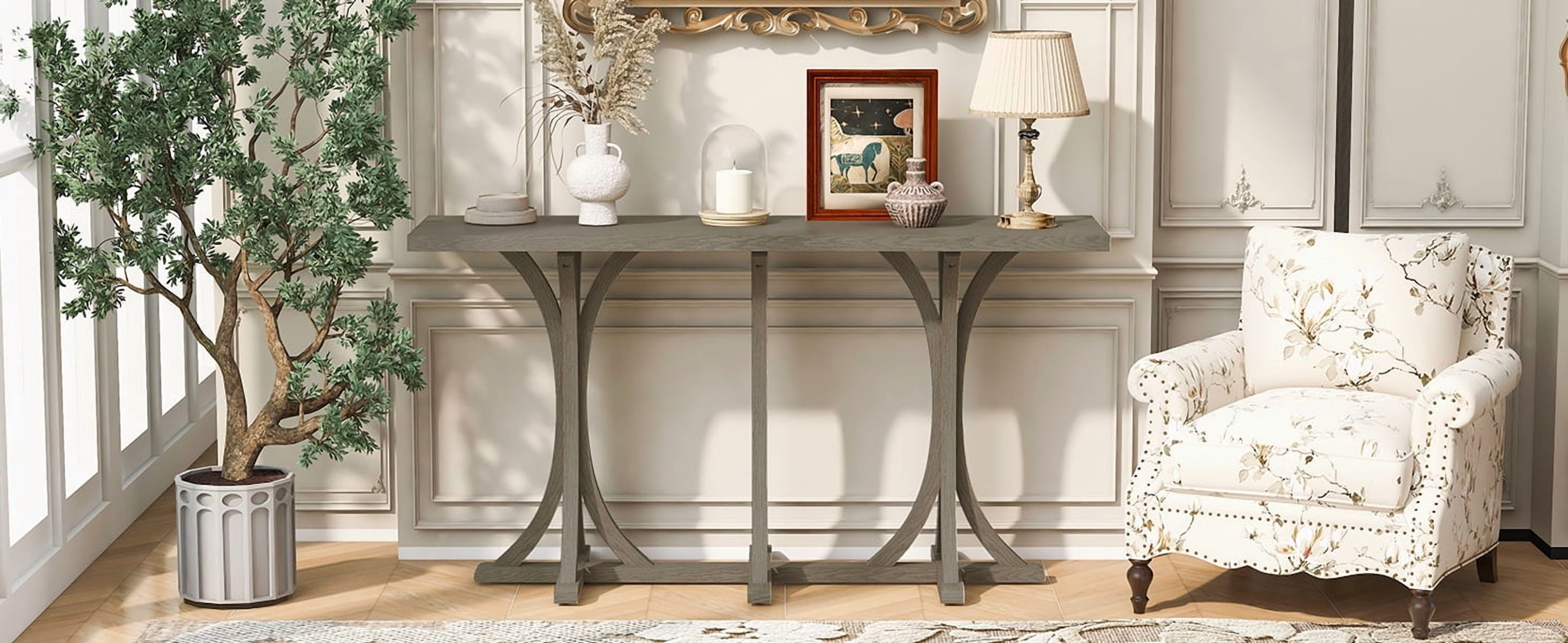 59.8" Wooden Console Table with Oak Veneer Top, Farmhouse Entryway Table with Rubber Wood Slender Curved Legs, Perfect for Living Room, Entryway, Hallway, Dining Spaces