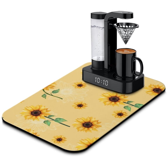 Washable Rubber Sunflower Cute Floral Dish Drying Mats for Kitchen Counter Home Large Coffee Bar Pad Accessories and Decor for Utensils Stemware 19.5''x12''