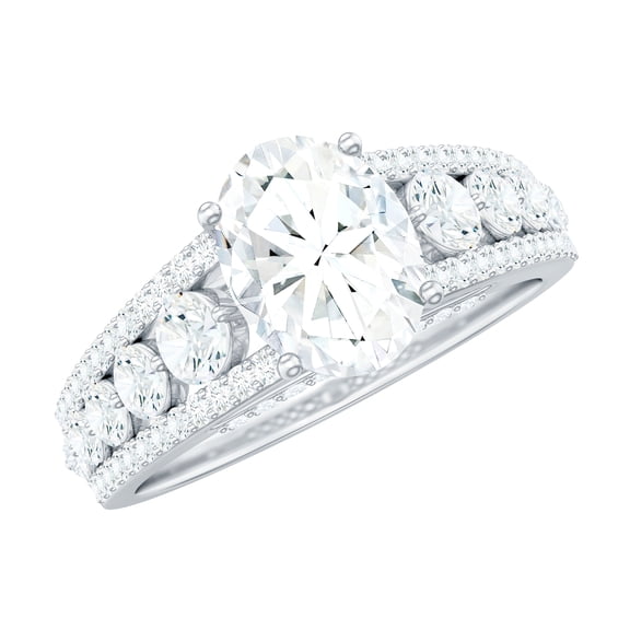 Rosec Jewels Moissanite Oval Engagement Ring with Side Stones - 6X8 mm - Designer Ring - 1 Ct - D-VS1 Grade, 925 Sterling Silver, US 4.00