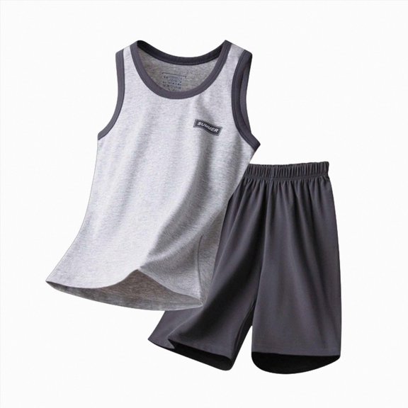 Sopiago Boys Sport Outfits Summer Sleeveless Tank Top and Shorts with Pockets Clothes Set(Light Gray,12-13 Years)