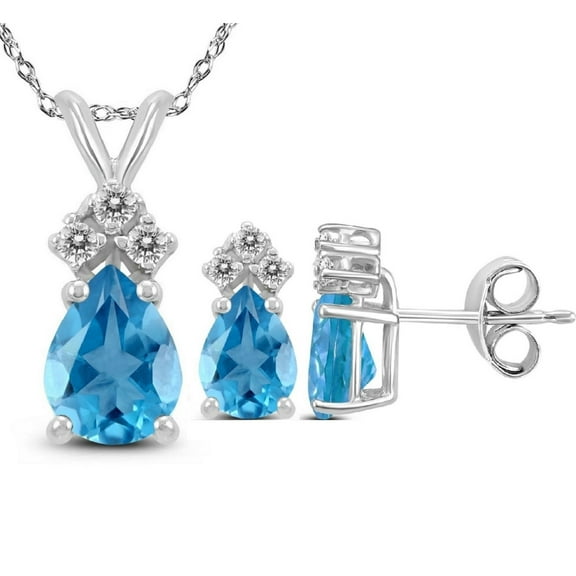 Genuine 2.66 Ctw Natural 7x5mm Pear Shaped Blue Topaz With White Topaz Necklace & Earrings Set In 925 Sterling Silver.