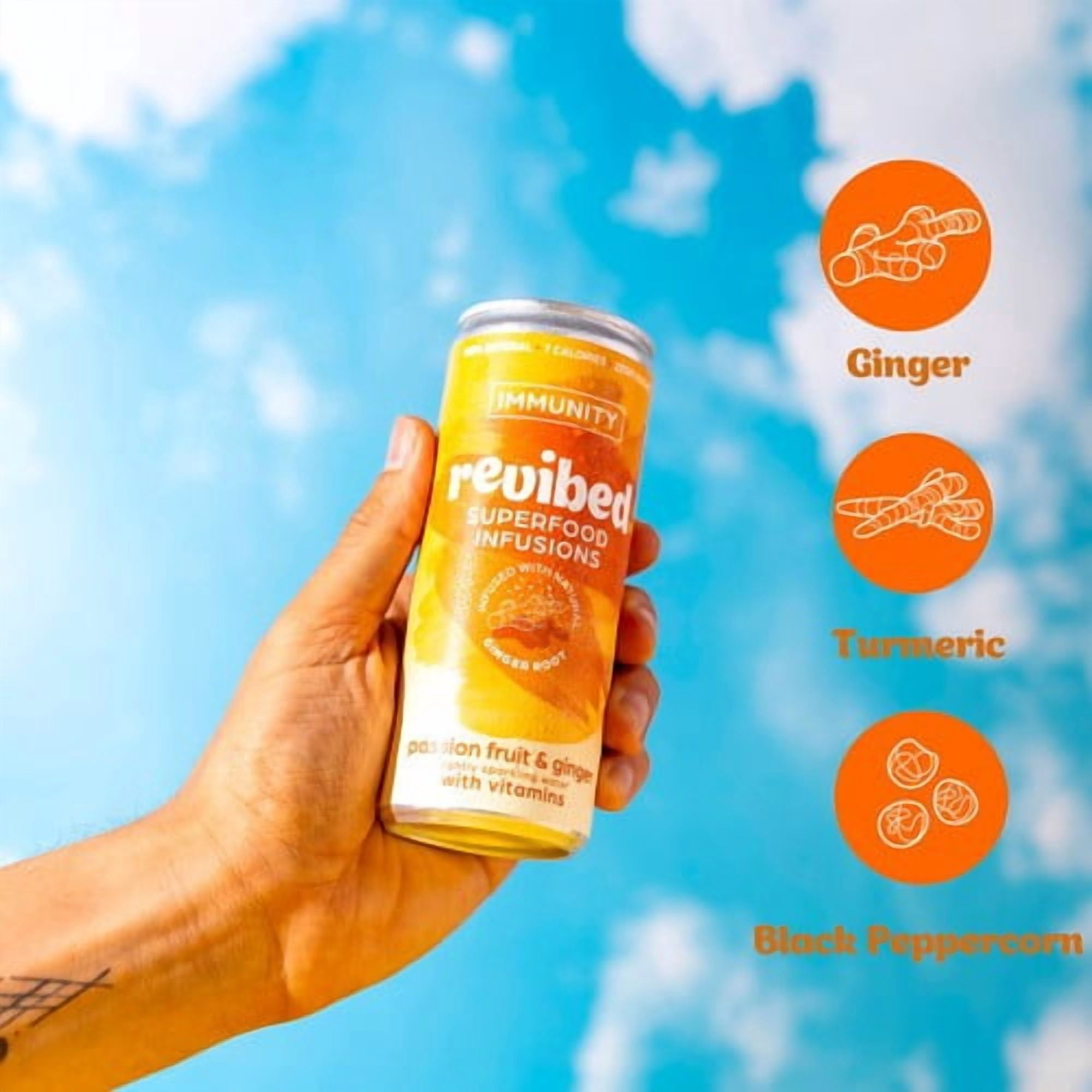 Revibed Immunity Passionfruit and Ginger Infused Lightly Sparkling Water 250ml, British Import (Pack of 6)