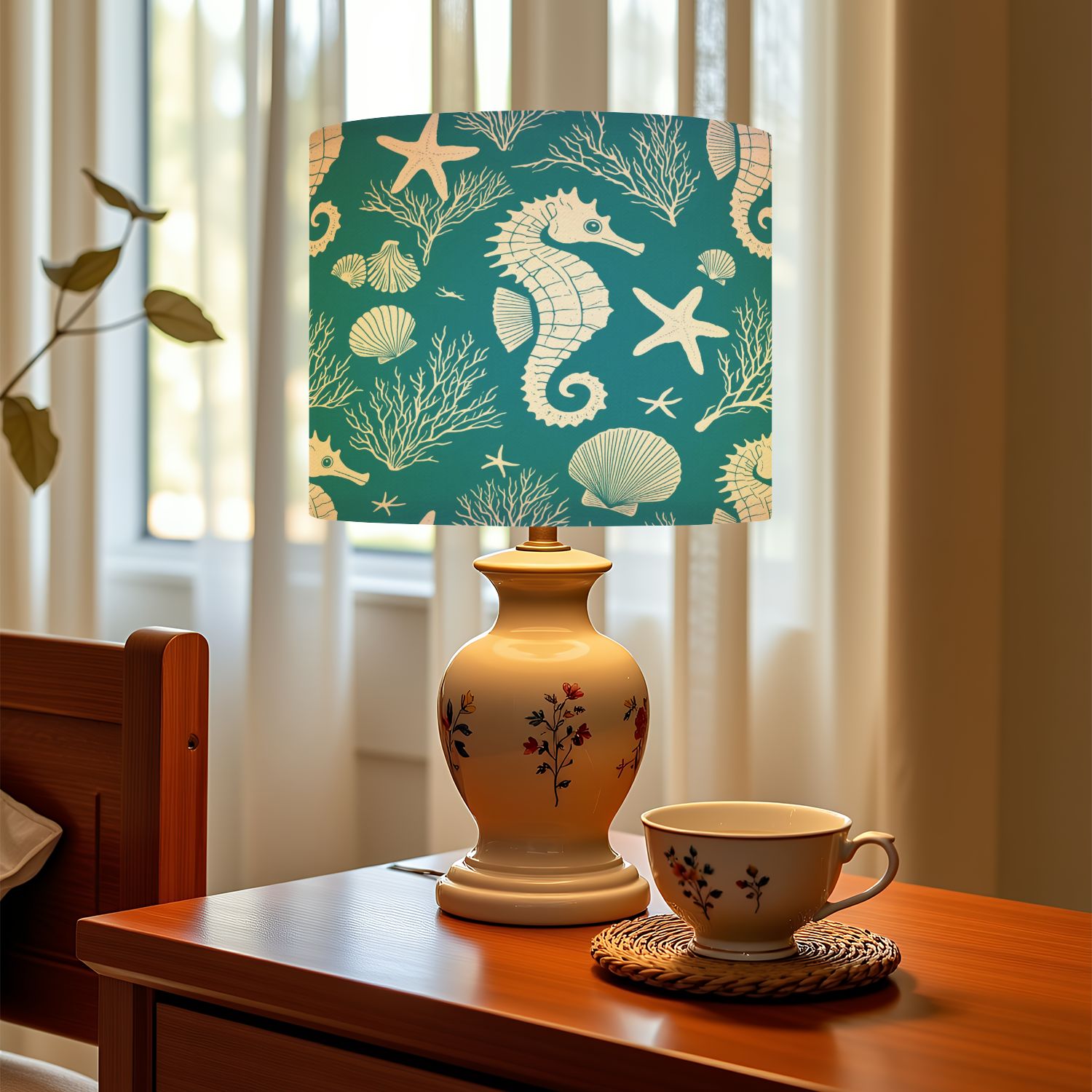 Linen Drum Lampshades Marine hand drawn sea shells stars seahorse coral for textiles 13"x13"x10" Light Shade for Table Lamps Floor Lamps Drum Lamp Shades Lampshade Replacement Assembly Required
